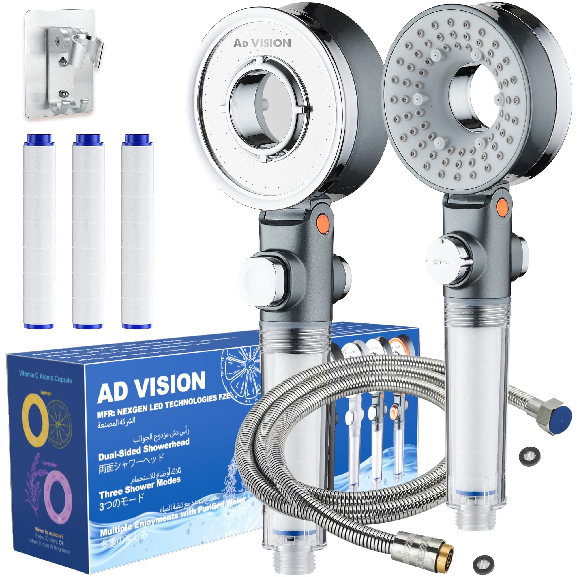 AD-VISION SGS Filtered High Pressure Shower Head | Removes Chlorine, For Hard Water & Hair Loss | 3 Modes with Adj. Flow Pause | Double Sided (All-in-One Upgrade Kit - Gunmetal) on Amazon.ae - Price Tracker