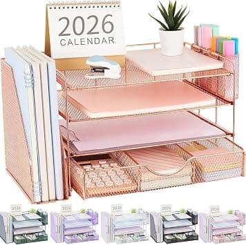 gianotter Paper Letter Tray Organizer with File Holder, 4-Tier Desk Accessories & Workspace Desk Organizers with Drawer and 2 Pen Holder for Office Supplies (Rose Gold) on Amazon.ae - Price Tracker