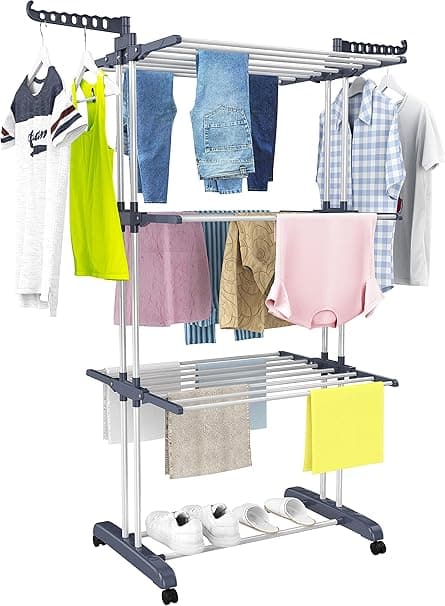 HOMIDEC Clothes Drying Rack, Oversized 4-Tier(67.7" High) Foldable Stainless Steel Movable Drying Rack with 4 castors, 24 Drying Poles & 14 Hooks for Bed Linen, Clothing, Grey - Amazon.ae Price Tracker
