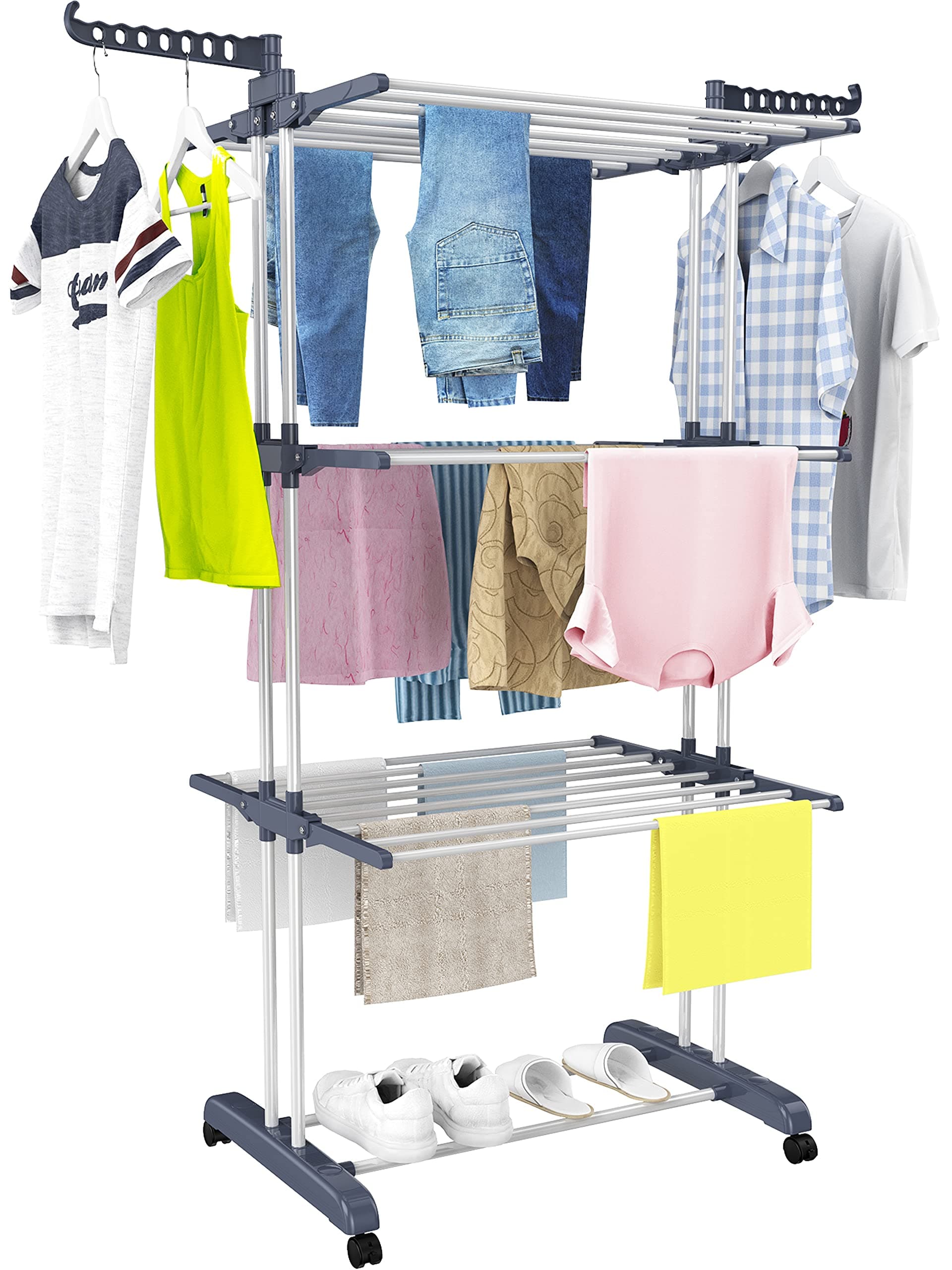 HOMIDEC Clothes Drying Rack, Oversized 4-Tier(67.7" High) Foldable Stainless Steel Movable Drying Rack with 4 castors, 24 Drying Poles & 14 Hooks for Bed Linen, Clothing, Grey on Amazon.ae - Price Tracker