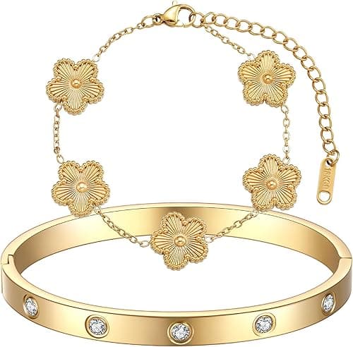 PINKE Women's Stacking Gold Bracelet Set, 18K Gold-plated Four-leaf Clover Bracelet Set, Lucky Link Bracelets, Fashion Jewelry Gifts, for Christmas, Valentines and More on Amazon.ae - Price Tracker