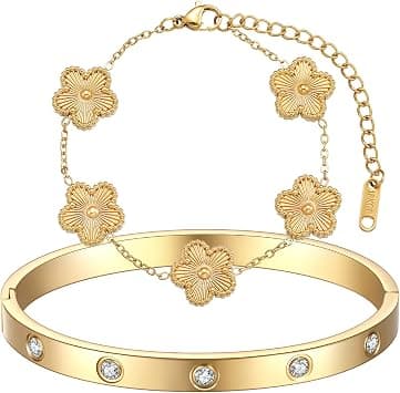 18K Gold Plated Clover Bracelet Love Bangle Set for Women, Stackable Lucky Friendship Bracelet with Adjustable Extension, Trendy Jewelry Gifts for Wives, Girlfriends, Mothers & Daughters - Best Deal Finder
