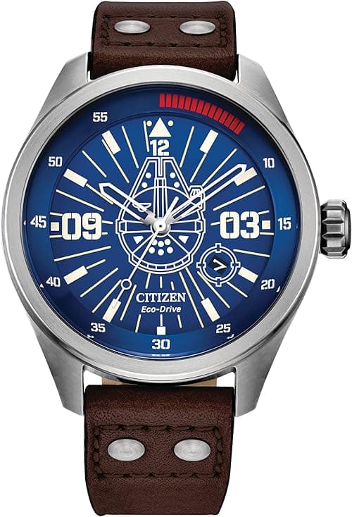 Citizen Eco-Drive Men's Star Wars Han Solo "Sometimes I Even Amaze Myself" Watch, Stainless Steel with Brown Leather Strap, Blue Dial, Luminous, 43mm (Model: AW5009-03W) on Amazon.ae - Price Tracker