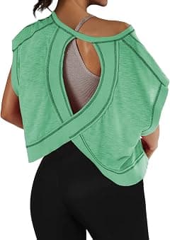Anoumcy Cotton Open Back Workout Top for Women Casual Athletic Gym Yoga Workout Crop Shirts Running Activewear Tops - متتبع أسعار Amazon.sa