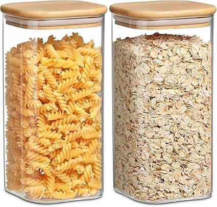 SKY-TOUCH Glass Food Storage Jars Containers set 1.5L,with Airtight Bamboo lids Set of 2,for Spices Noodles Flour Cereal Rice Sugar Tea Coffee Beans, Square (2 Pack, 1500ml) on Amazon.ae - Price Tracker