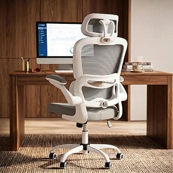 DROGO Ergonomic Office Chair for Home & Office | High Back Mesh Computer Chair with Adjustable Seat, Lumbar Support & Headrest | Reclining Desk Chair with Flip-Up Armrest - White with Grey على Amazon.ae - متتبع الأسعار
