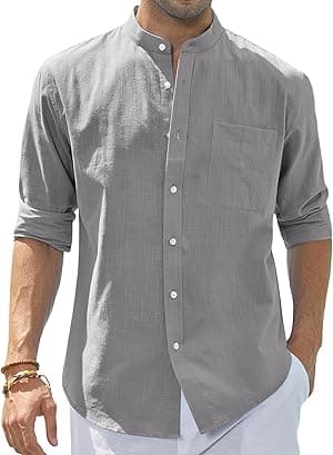 J.VER Men's Cotton Linen Long Sleeve Shirts Casual Button Down Banded Collar Shirt Beach Summer Tops with Pocket - Amazon.ae Price Tracker