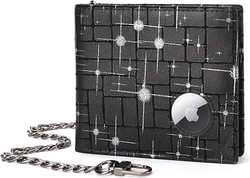 BULLCAPTAIN Genuine Leather Men's Wallet With AirTag Holder AirTag Wallet RFID Blocking 2 ID Windows Large Bifold Wallet for Men with Chain T01 (Black with Silver Stars) on Amazon.ae - Price Tracker
