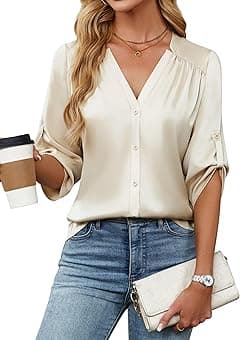 Blooming Jelly Womens Button Down Shirts 3/4 Sleeve Dressy Casual Tops Pleated Satin Silk Business Blouses 2026 - Amazon.ae Price Tracker