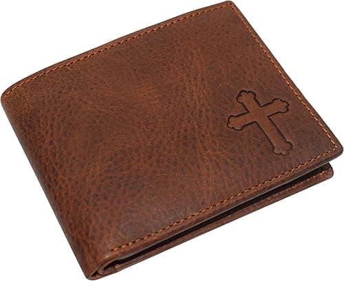Real Genuine Leather RFID Blocking Wallets Mens Wallet Bifold Classic Engraved Logos, Tan, Cross on Amazon.ae - Price Tracker