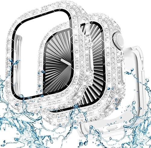 WINGLE 2-in-1 Waterproof Bling Case for Apple Watch 40mm Screen Protector Case SE 3/2/1 Series 6 5 4, Diamond Protective Face Cover Apple Watch 40 mm iWatch Crystal Rhinestone Bumper Women, Silver على Amazon.ae - متتبع الأسعار