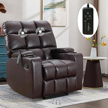 ANJHOME Manual Recliner Chair with Massage &Heating, PU Leather Reclining Chairs with Cup Holders and Storage Box for Living Room,Brown على Amazon.ae - متتبع الأسعار