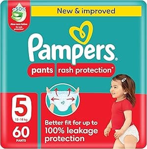 Pampers Rash Protection Pants Diapers, Size 5, 12-18kg, +50% Aloe Vera Lotion, 360° Leak-Free Fit for up to 100% Leakage Protection, Giant Pack, 60 Count - Amazon.ae Price Tracker