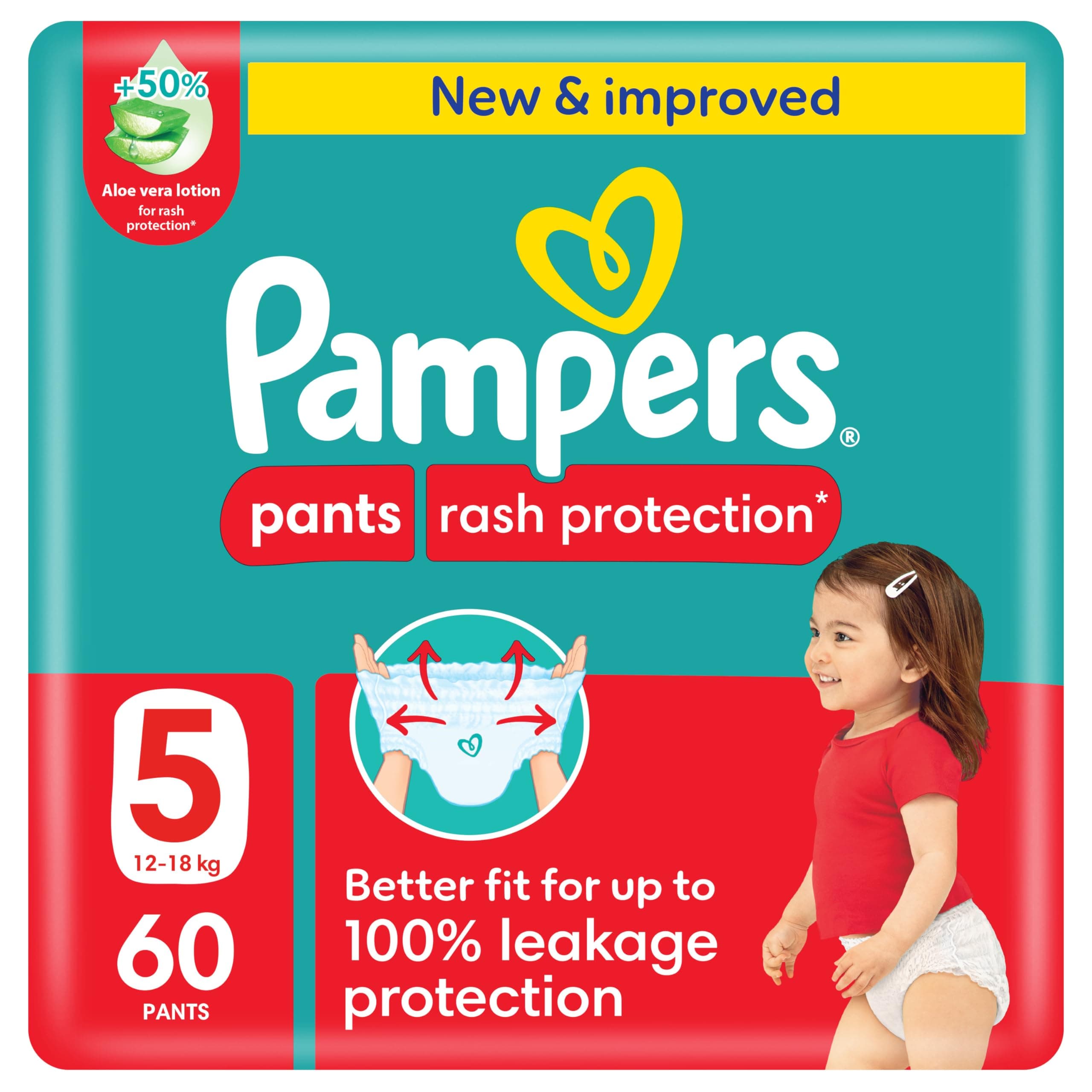 Pampers Rash Protection Pants Diapers, Size 5, 12-18kg, +50% Aloe Vera Lotion, 360° Leak-Free Fit for up to 100% Leakage Protection, Giant Pack, 60 Count on Amazon.ae - Price Tracker