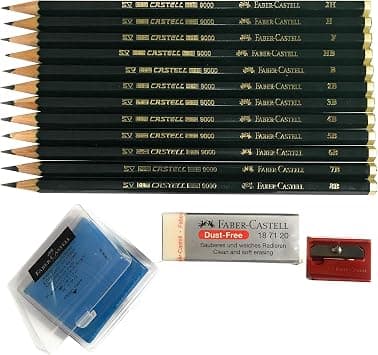 Faber-Castell 9000 Art Graphite Sketch Best Gifts Wood Pencil Sets 12 Counts With 12 Degree of Hardness (2H, H, F, HB.) + 1 Kneaded Art Eraser + 1 Large Dust Free Eraser + 1 Faber Sharpener - متتبع أسعار Amazon.sa