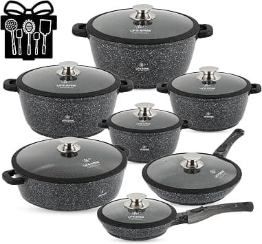LIFE SMILE Cookware Set - Pots and Pans set Granite Non Stick Coating 100% PFOA FREE, Induction Base Cooking Set with Removable Silicone Handles - Oven Safe (Black, 29 Pieces) on Amazon.ae - Price Tracker