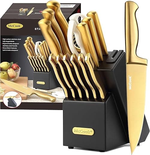 McCook® Knife Sets, Golden Titanium Stainless Steel Kitchen Knife Block Sets with Built-in Sharpener on Amazon.ae - Price Tracker