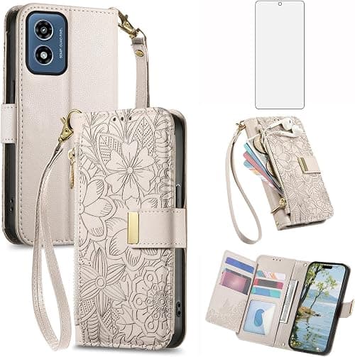 Asuwish Phone Case for Motorola Moto G04/G04s/G24/E14 4G Wallet Cover with Tempered Glass Screen Protector and Card Holder Slot Zipper Wrist Strap Stand Cell GO4 G 04 04s 24 E 14 Women Men Off White على Amazon.ae - متتبع الأسعار