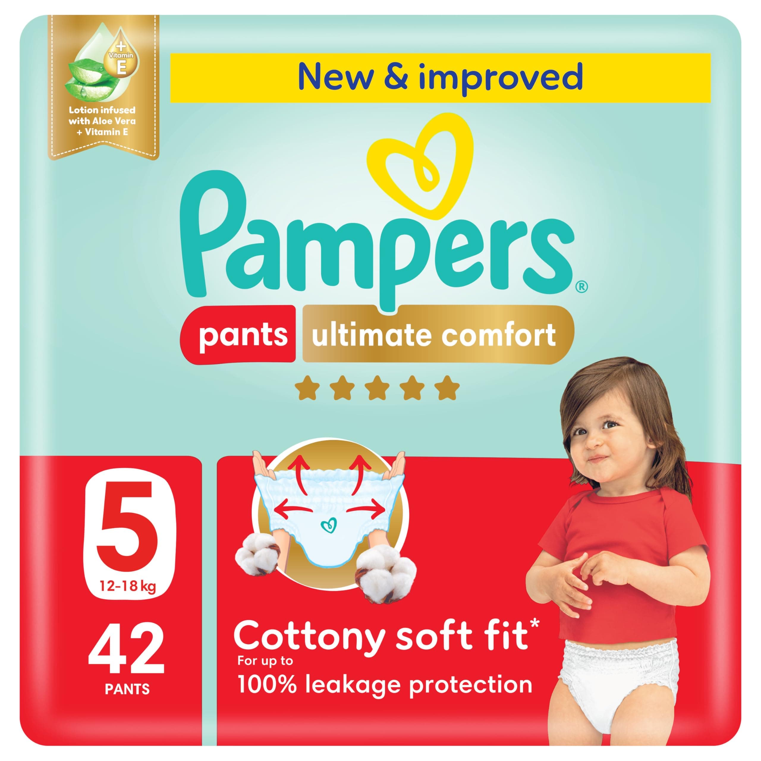 Pampers Ultimate Comfort Pants Diapers, Size 5, 12-18kg, Lotion infused with Aloe Vera and Vitamin E, Cottony Soft Fit for up to 100% Leakage Protection, Super Saving Pack, 42 Count on Amazon.ae - Price Tracker