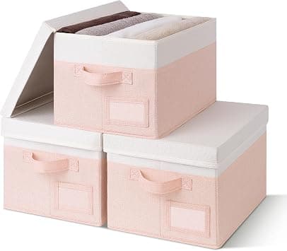 GRANNY SAYS Storage Bins with Lids, Storage Boxes for Organizing, Storage Baskets with Label, Closet Organizers and Storage, Storage Bins for Shelves, Decorative Storage Boxes, 3-Pack, Pink&Ivory - متتبع أسعار Amazon.sa
