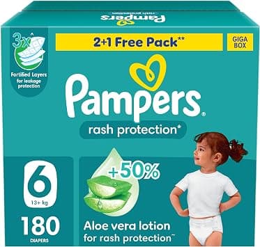 Pampers Rash Protection Taped Diapers, Size 6, 13+kg, +50% Aloe Vera Lotion for Rash Protection, 3x Fortified Layers for Leakage Protection, Giga Box, 180 Count on Amazon.ae - Price Tracker