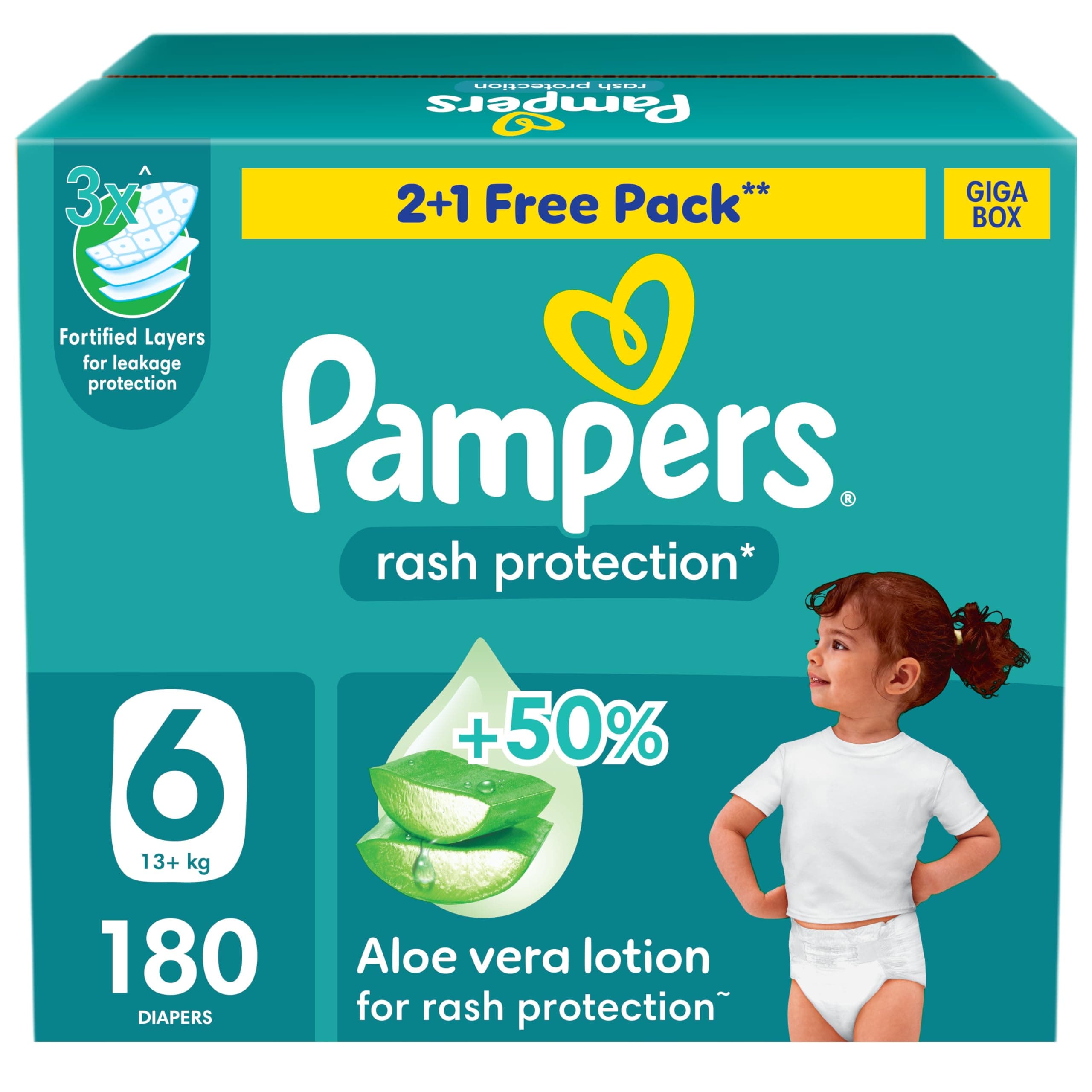 Pampers Rash Protection Taped Diapers, Size 6, 13+kg, +50% Aloe Vera Lotion for Rash Protection, 3x Fortified Layers for Leakage Protection, Giga Box, 180 Count on Amazon.ae - Price Tracker