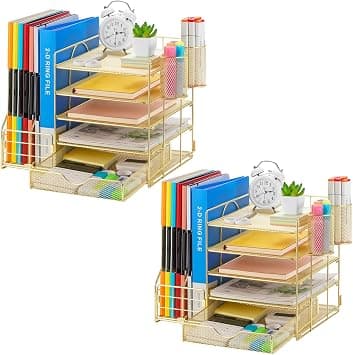 Marbrasse Desk Organizer with File Holder, 5-Tier Paper Letter Tray Organizer with Drawer and 2 Pen Holder, Mesh Desktop Organizer and Storage with Magazine Holder for Office Supplies (Gold 2p) on Amazon.ae - Price Tracker