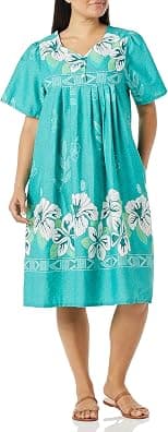 AmeriMark Womens Patio Dress Lounger Floral Print Border Short Sleeve and Pockets - Best Deal Finder