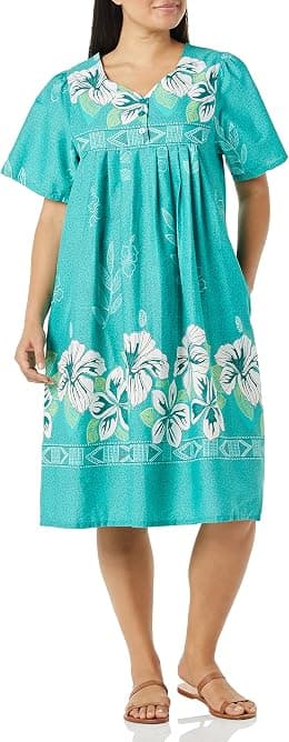 AmeriMark Womens Patio Dress Lounger Floral Print Border Short Sleeve and Pockets - Best Deal Finder