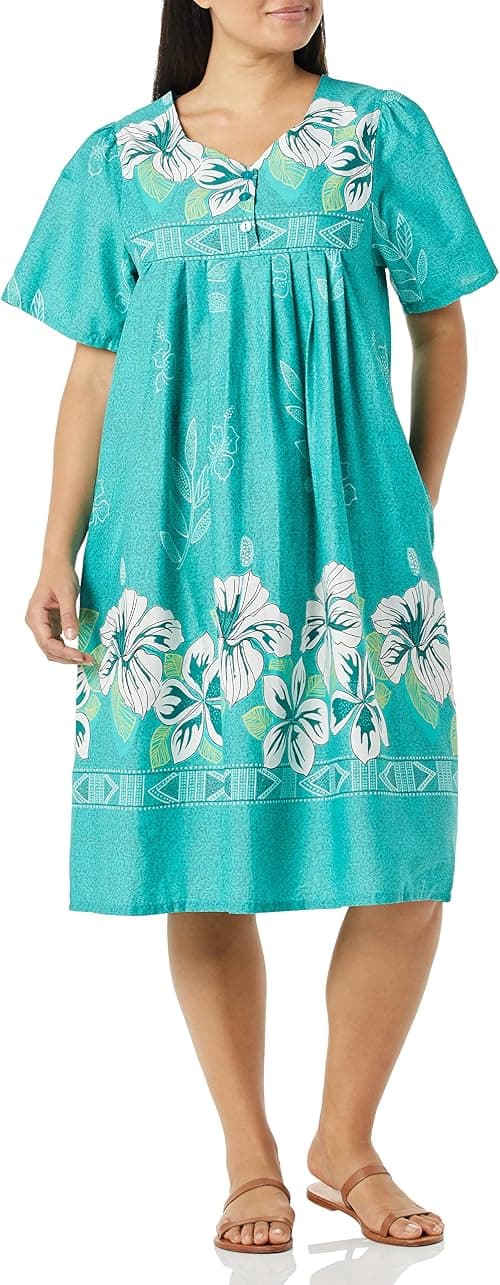 AmeriMark Womens Patio Dress Lounger Floral Print Border Short Sleeve and Pockets on Amazon - Best Deal Finder
