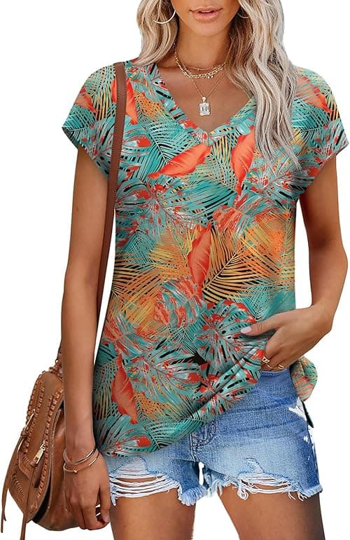 XIEERDUO Womens Tops V Neck Cap Sleeve Loose Fit Tee Shirts Summer Spring 2025 Eyelet/Printed on Amazon.ae - Price Tracker