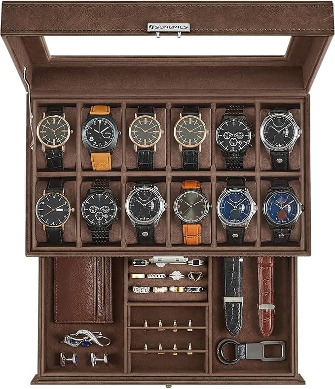 SONGMICS 12-Slot Watch Box, Lockable Watch Case with Glass Lid, 2 Layers, with 1 Drawer for Rings, Bracelets, Father's Day Gifts, Brown Synthetic Leather, Brown Lining UJWB012K01 on Amazon.ae - Price Tracker
