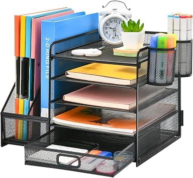 Marbrasse Desk Organizer with File Holder, 5-Tier Paper Letter Tray Organizer with Drawer and 2 Pen Holder, Mesh Desktop Organizer and Storage with Magazine Holder for Office Supplies(Black) on Amazon.ae - Price Tracker