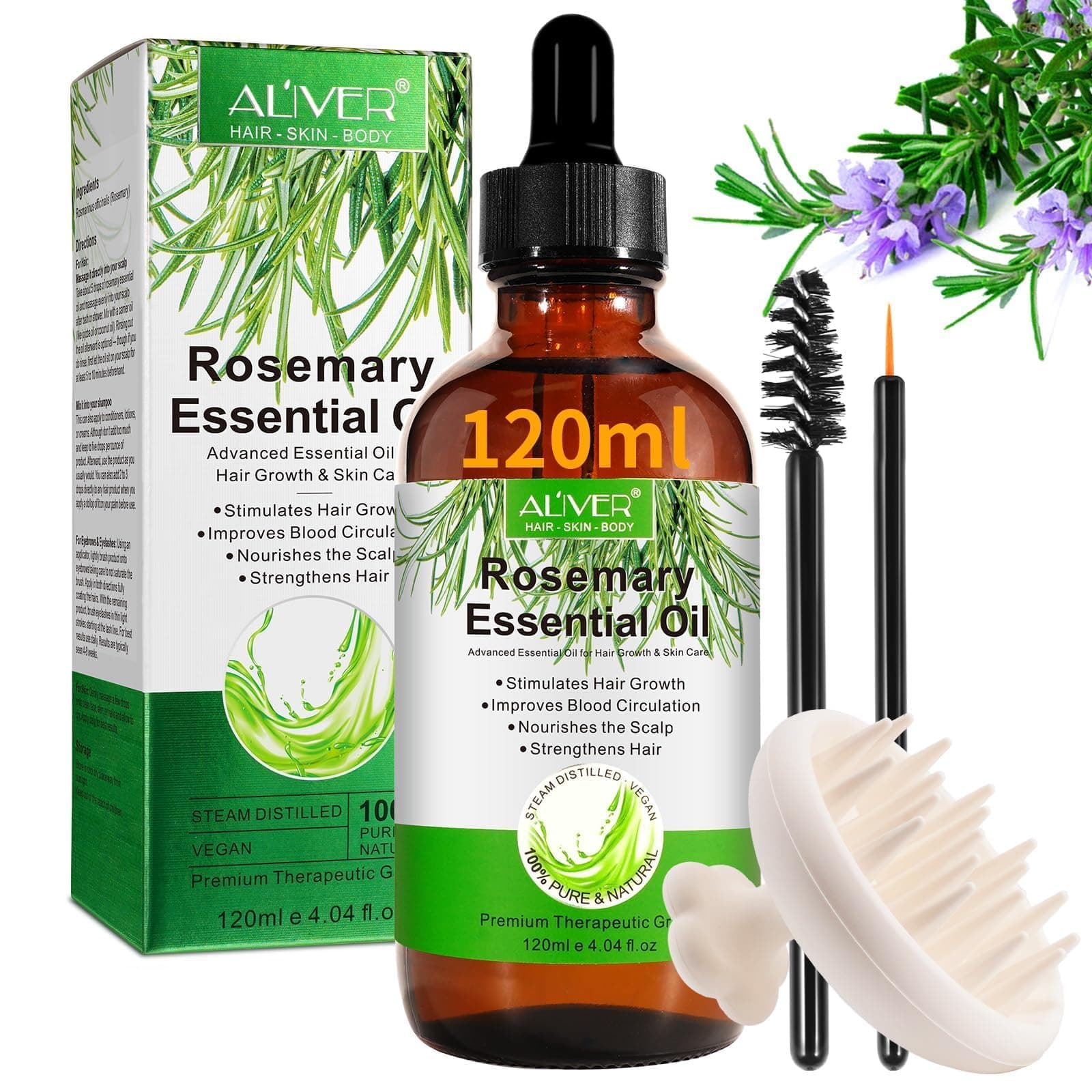 ALIVER Rosemary Oil for Hair Growth (120 ml) With Silicone Scalp Massager, Organic Essential Oil, 100% Pure Natural, Nourishes The Scalp, Stimulates Hair Growth on Amazon.ae - Price Tracker