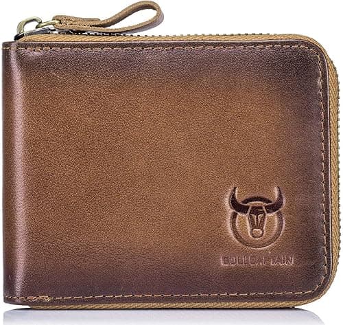 BULLCAPTAIN Mens Genuine Leather Zipper Wallet RFID Blocking Bifold Secure Zip Around Wallets Multi Credit Card Holder Purse, Handmad Brown, S, Rfid Wallet on Amazon.ae - Price Tracker