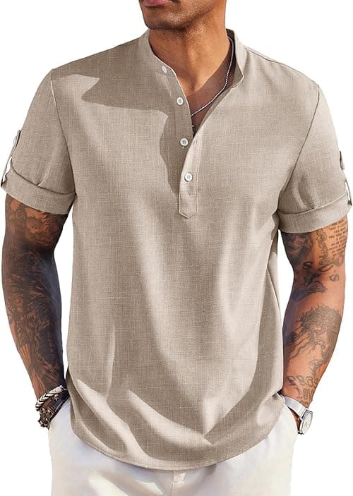 COOFANDY Men's Casual Henley Shirt Short Sleeve Band Collar Linen Shirt Summer Beach Hippie T-Shirts on Amazon.ae - Price Tracker