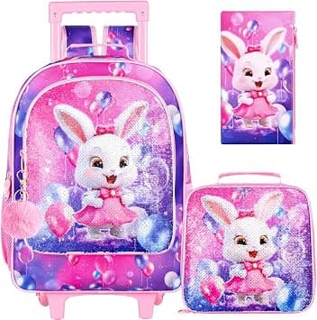3Pcs Rolling Backpack for Girls, Kids Roller Backpacks with Wheels, Wheeled Bookbag with Lunch Box for School, Pink Rabbit, One Size, Modern on Amazon.ae - Price Tracker