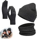 KASTWAVE Winter Beanie Hat Scarf Touchscreen Gloves Set, Knit Thick Fleece Lined Warm Touchscreen Gloves Beanie Scarf Set for Men and Women, Women Winter Hats 3-Piece Warmer Gift Box (Dark gray) - Best Deal Finder