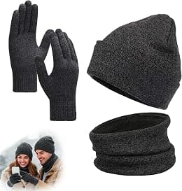 KASTWAVE Winter Beanie Hat Scarf Touchscreen Gloves Set, Knit Thick Fleece Lined Warm Touchscreen Gloves Beanie Scarf Set for Men and Women, Women Winter Hats 3-Piece Warmer Gift Box (Dark gray) - Best Deal Finder