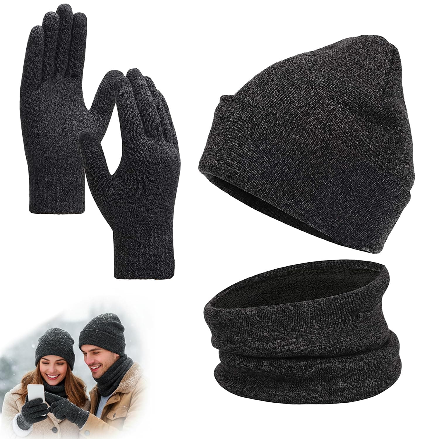 KASTWAVE Winter Beanie Hat Scarf Touchscreen Gloves Set, Knit Thick Fleece Lined Warm Touchscreen Gloves Beanie Scarf Set for Men and Women, Women Winter Hats 3-Piece Warmer Gift Box (Dark gray) on Amazon.ae - Price Tracker