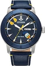 Citizen Eco-Drive Men's Disney Donald Duck Watch, Blue IP Stainless Steel on Blue Leather Strap, 3-Hand Day Date, Luminous, 44mm (Model: AW0075-06W), Silver-Tone - Best Deal Finder