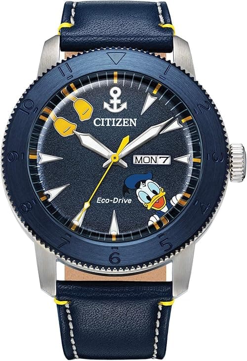 Citizen Eco-Drive Men's Disney Donald Duck Watch, Blue IP Stainless Steel on Blue Leather Strap, 3-Hand Day Date, Luminous, 44mm (Model: AW0075-06W), Silver-Tone on Amazon.ae - Price Tracker