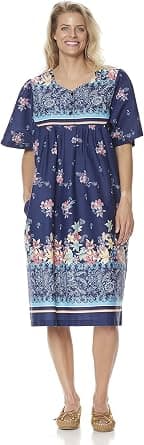 AmeriMark Womens Patio Dress Lounger Floral Print Border Short Sleeve and Pockets - Best Deal Finder