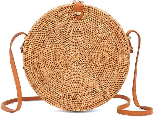 Novum Crafts Round Rattan Bag for Women - Handmade Straw Bags - Wicker Purse - Brown White Circle Crossbody Boho Bags - Best Deal Finder