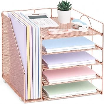 LEKETREE Desk Organizers and Accessories, 5-Tier Paper Letter Tray Organizer with File Holder, Desktop Organizer for Office Supplies, Office Desk Accessories & Workspace (Rose Gold) على Amazon.ae - متتبع الأسعار