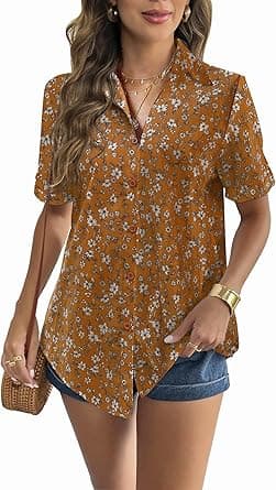 Zeagoo Women Linen Button Down Shirt Rolled Cuffed Short Sleeve Blouse Ladies Summer Casual V Neck Beach Cotton Tops on Amazon.ae - Price Tracker