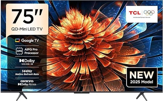 TCL 75Q6C Television 75 Inch Smart TV 4K QD-Mini LED Colorful Quantum Crystal HDR 10+ Gaming Google TV, 144Hz Native Refresh Rate, ONKYO 2.1 Hi-Fi, Dolby Atmos, AI Mode, Game Master (2025 Model) on Amazon.ae - Price Tracker
