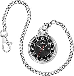 Bulova Classic Pocket Watch 3-Hand Date Quartz Stainless Steel, Black Dial with Detachable Chain Style: 96B308, Silver Tone, Classic Pocket Watch - Best Deal Finder