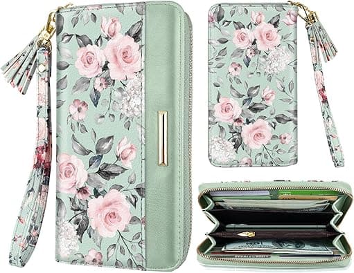 Wallets for Women PU Leather Card Holder Organizer Ladies Clutch with Tassel Wristlet Wrist strap, Green Flowers, long purse, Casual on Amazon.ae - Price Tracker