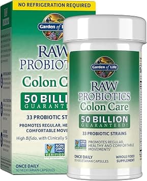 Garden of Life RAW Probiotics Colon Care Shelf Stable - 50 Billion CFU Guaranteed Through Expiration - Once Daily - Certified Non-GMO & Gluten Free - No Refrigeration, 30 Vegetarian Capsules - Best Deal Finder